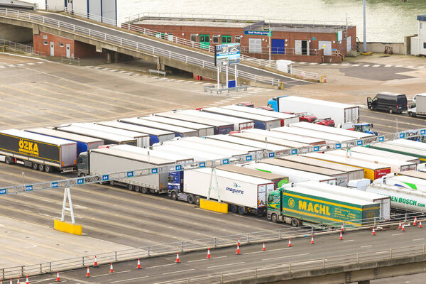 Dover, United Kingdom, 18th January 2019:- A view of lorries waiting to board a ferry at the Port of Dover, Kent the nearest British port to France