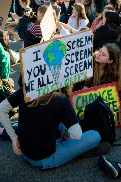 2019年2月15日 伦敦市中心的学龄适龄儿童因气候变化阶段而罢工抗议 抗议封锁议会广场 — 图库照片