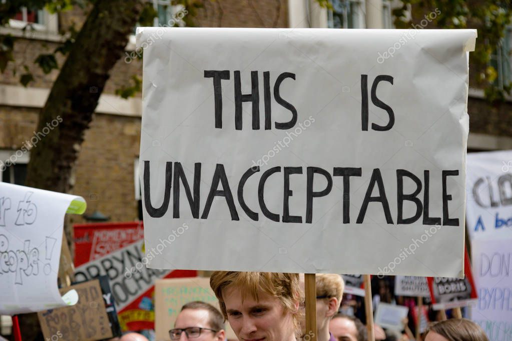 London, United Kingdom, August 31st 2019:- Protesters in Whitehall, Central London protesting Prime Minister Boris Johnson's plan to suspend Parliament for five weeks