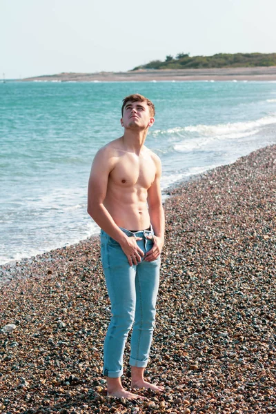 해변에서 셔츠없는 — 스톡 사진