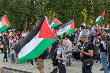 Londra, Birleşik Krallık, 6 Eylül 2025 - Filistin Protestocuları Parilament Meydanında, Filistin bayrakları dalgalanıyor