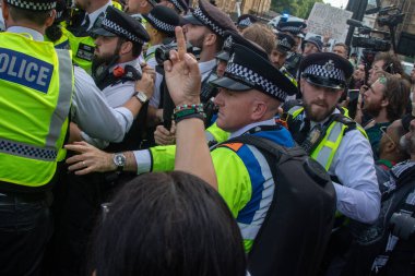 Londra, Birleşik Krallık, 6 Eylül 2025: - Parlamento Meydanı 'nda Pro Filistin Protestocuları Metropolitan Polis Teşkilatı' ndan anılarla boğuşuyor