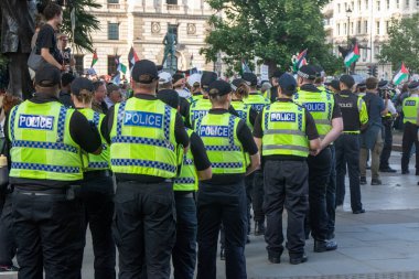 Londra, Birleşik Krallık, 6 Eylül 2025 - Metropolitan Polisi, Parlamento Meydanı 'nda Filistin yanlısı bir gösteride güç gösterisi