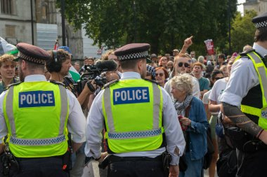 Londra, Birleşik Krallık, 6 Eylül 2025: - Metropolitan Polisi üyeleri, Parlamento Meydanı 'nda Filistin yanlısı bir gösterinin yakınında toplanın