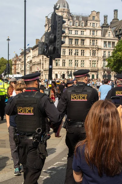 Londra, Birleşik Krallık, 6 Eylül 2025: Londra Şehir Polisi, Parlamento Meydanı 'nda Filistin yanlısı bir gösteriden geçiyor.