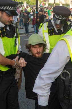 Londra, Birleşik Krallık, 6 Eylül 2025 - Metropolitan Polisi Parlamento Meydanı 'nda Filistin yanlısı bir protestocu tutukladı