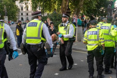 Londra, Birleşik Krallık, 6 Eylül 2025 - Metropolitan Polisi Parlamento Meydanı 'nda Filistin yanlısı bir protestocu tutukladı