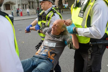 Londra, Birleşik Krallık, 6 Eylül 2025 - Metropolitan Polisi Parlamento Meydanı 'nda Filistin yanlısı bir protestocu tutukladı