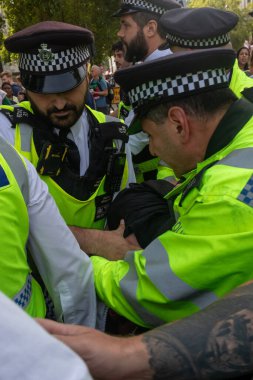 Londra, Birleşik Krallık, 6 Eylül 2025 - Metropolitan Polisi Parlamento Meydanı 'nda Filistin yanlısı bir protestocuyu tutukladı