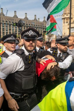 Londra, Birleşik Krallık, 6 Eylül 2025 - Metropolitan Polisi Parlamento Meydanı 'nda Filistin yanlısı bir protestocuyu tutukladı