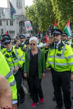 Londra, Birleşik Krallık, 6 Eylül 2025 - Metropolitan Polisi, Parlamento Meydanı 'nda Filistin yanlısı bir protestocuya eşlik edin