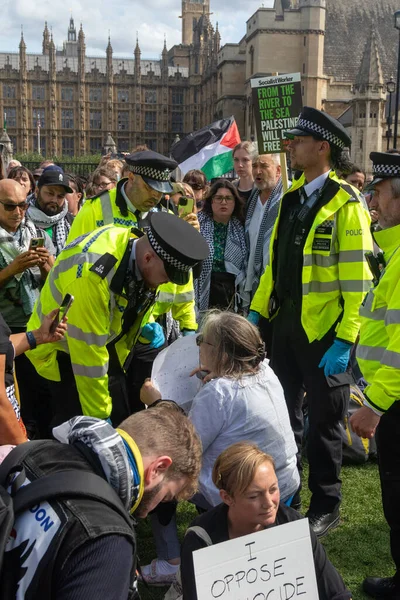 Londra, Birleşik Krallık, 6 Eylül 2025 - Metropolitan Polisi Parlamento Meydanı 'nda Filistin yanlısı bir protestocuyu tutukladı