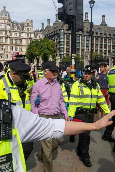 Londra, Birleşik Krallık, 6 Eylül 2025 - Metropolitan Polisi Parlamento Meydanı 'nda Filistin yanlısı bir protestocuyu tutukladı