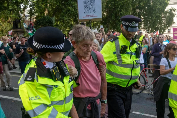 Londra, Birleşik Krallık, 6 Eylül 2025 - Metropolitan Polisi, Parlamento Meydanı 'nda yaşlı bir Filistinli protestocuyu tutukladı