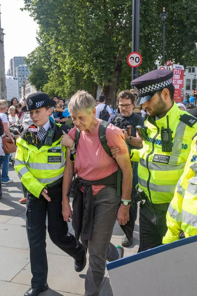 Londra, Birleşik Krallık, 6 Eylül 2025 - Metropolitan Polisi, Parlamento Meydanı 'nda yaşlı bir Filistinli protestocuyu tutukladı