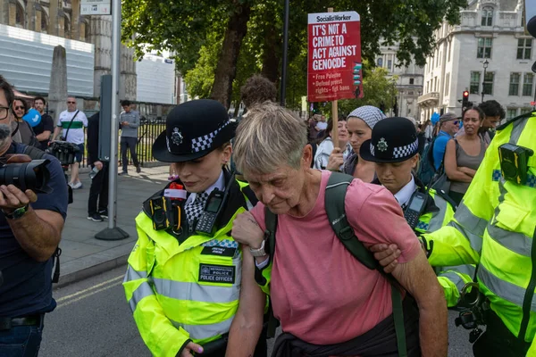 Londra, Birleşik Krallık, 6 Eylül 2025 - Metropolitan Polisi, Parlamento Meydanı 'nda yaşlı bir Filistinli protestocuyu tutukladı