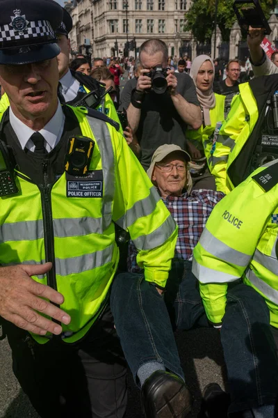 Londra, Birleşik Krallık, 6 Eylül 2025: - Metropolitan Polisi, Parlamento Meydanı 'nda Filistin yanlısı bir protestocuyu tutuklayıp taşıdı