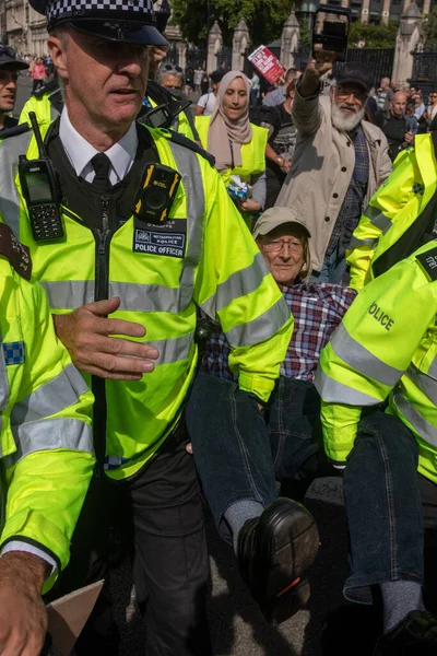 Londra, Birleşik Krallık, 6 Eylül 2025: - Metropolitan Polisi, Parlamento Meydanı 'nda Filistin yanlısı bir protestocuyu tutuklayıp taşıdı
