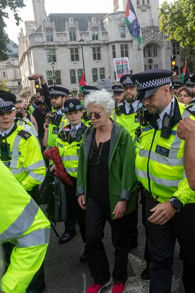Londra, Birleşik Krallık, 6 Eylül 2025 - Metropolitan Polisi, Parlamento Meydanı 'nda Filistin yanlısı bir protestocuya eşlik edin