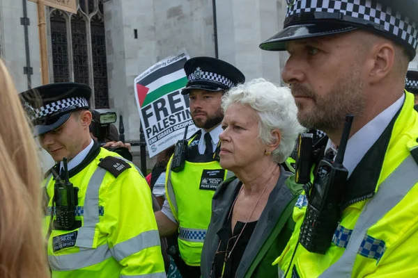 Londra, Birleşik Krallık, 6 Eylül 2025 - Metropolitan Polisi, Parlamento Meydanı 'nda Filistin yanlısı bir protestocuya eşlik edin