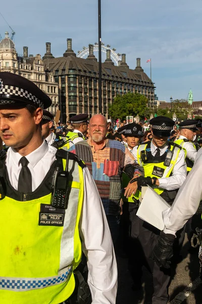 Londra, Birleşik Krallık, 6 Eylül 2025 - Metropolitan Polisi Parlamento Meydanı 'nda Filistin yanlısı bir protestocuyu tutukladı