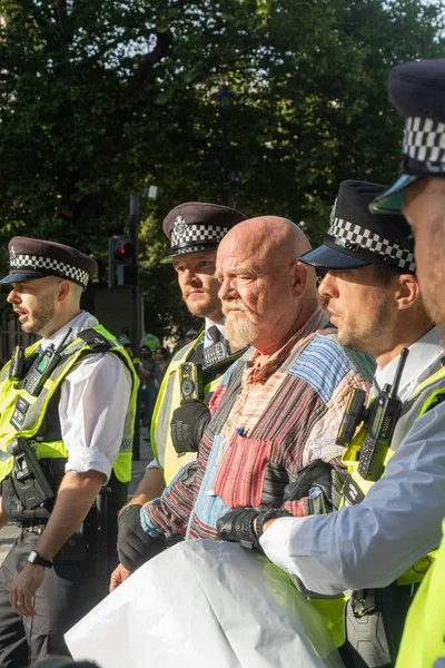 Londra, Birleşik Krallık, 6 Eylül 2025 - Metropolitan Polisi Parlamento Meydanı 'nda Filistin yanlısı bir protestocuyu tutukladı