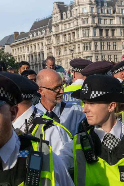 Londra, Birleşik Krallık, 6 Eylül 2025 - Metropolitan Polisi Parlamento Meydanı 'nda Filistin yanlısı bir protestocuyu tutukladı
