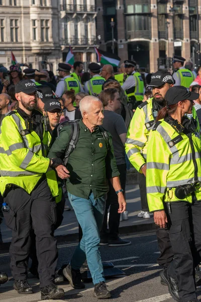 Londra, Birleşik Krallık, 6 Eylül 2025 - Metropolitan Polisi Parlamento Meydanı 'nda Filistin yanlısı bir protestocuyu tutukladı