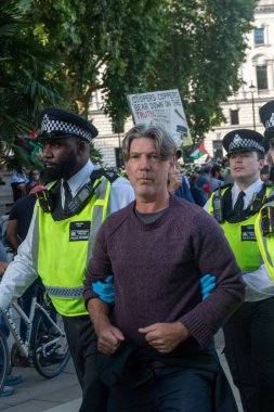 Londra, Birleşik Krallık, 6 Eylül 2025 - Metropolitan Polisi Parlamento Meydanı 'nda Filistin yanlısı bir protestocuyu tutukladı