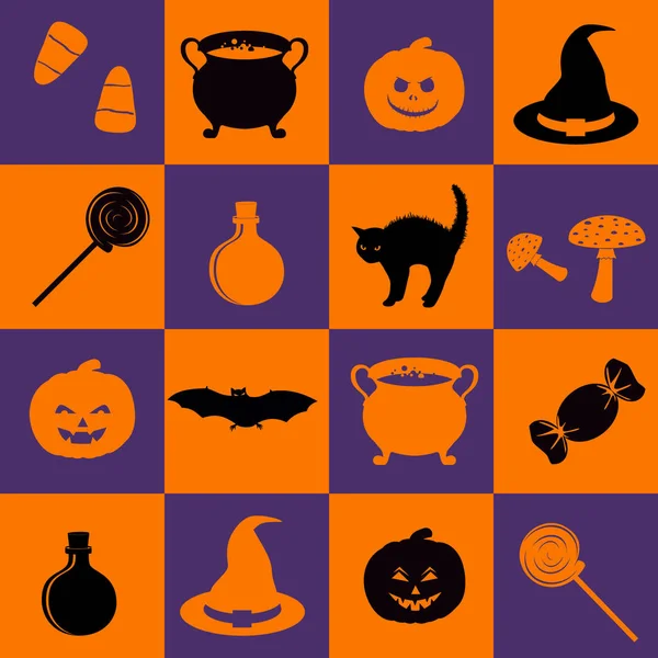 Padrão sem costura com halloween feriado objetos relacionados silhuetas no fundo xadrez. Conjunto de acessórios para bruxas — Vetor de Stock