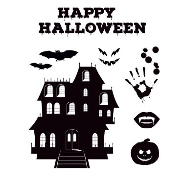Ilgili tatil nesneleri Happy Halloween siluetleri koleksiyonu. Siyah beyaz simgeler geleneksel özellikleri ayarlar.