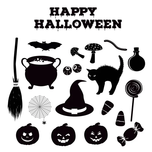 İlgili tatil nesneleri Halloween siluetleri koleksiyonu. Siyah simge seti geleneksel cadılar özellikleri. — Stok Vektör