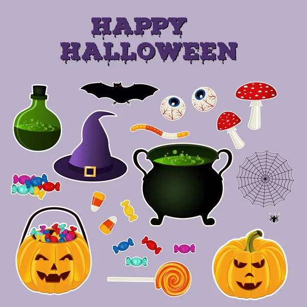 Silhouettes Halloween collection d'objets de vacances connexes. Icône lumineuse définir les attributs sorcières traditionnelles . — Image vectorielle