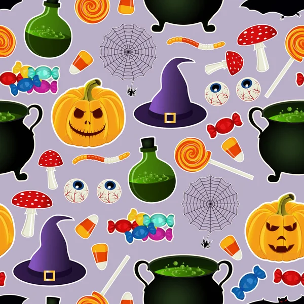 Modèle sans couture avec des silhouettes de vacances halloween connexes sur fond violet. Caractéristiques des sorcières traditionnelles . — Image vectorielle