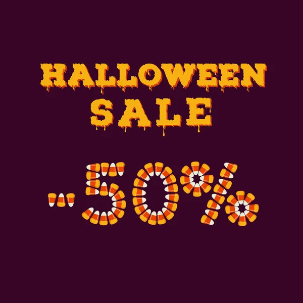 Venta de Halloween menos cincuenta por ciento tipografía inscripción hecha de pequeños granos de caramelo. Truco de vacaciones o concepto de tratar — Vector de stock