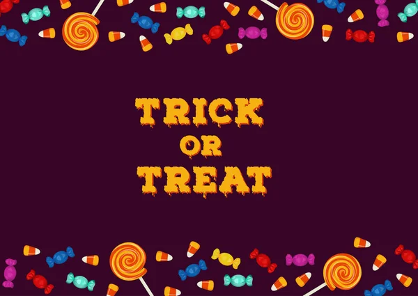 Truco o tratar la inscripción con borde horizontal hecho de caramelos. Feliz Halloween tarjeta de felicitación concepto de vacaciones — Vector de stock