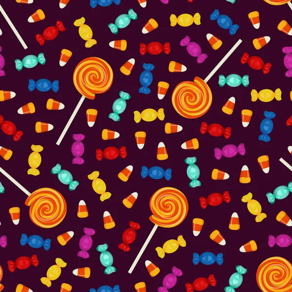 Halloween seamless pattern with small sweets on dark background. Holiday trick or treat concept. — Stock Vector