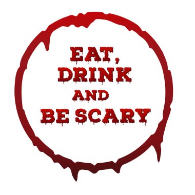 Cadılar Bayramı partisi için davetiye el ilanı konsept tasarımı. Yiyin, için ve kırmızı daire çerçeveli korkunç bir poster olun