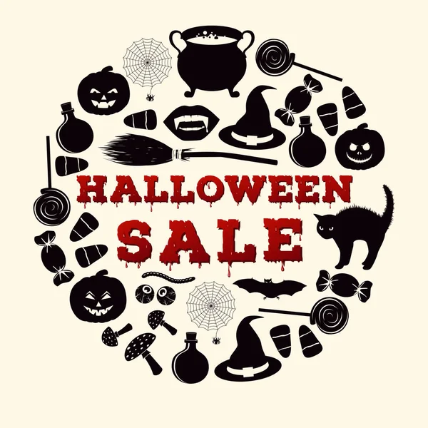 Inscripción de venta de Halloween sobre fondo blanco. Plantilla de póster con fuente sangrienta y objetos relacionados con vacaciones — Vector de stock