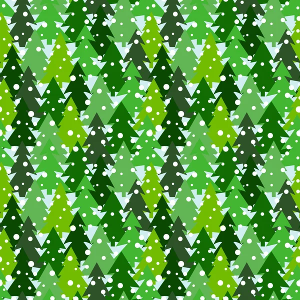 Patrón sin costuras con siluetas verdes de abetos y pinos. Fondo del bosque de invierno con nevadas . — Vector de stock
