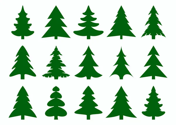 Ένα σύνολο πράσινων σιλουέτες από έλατο και πεύκα που απομονώνονται σε λευκό φόντο. Νέο έτος, χριστουγεννιάτικο δέντρο μοντέρνα εικονίδια. — Διανυσματικό Αρχείο
