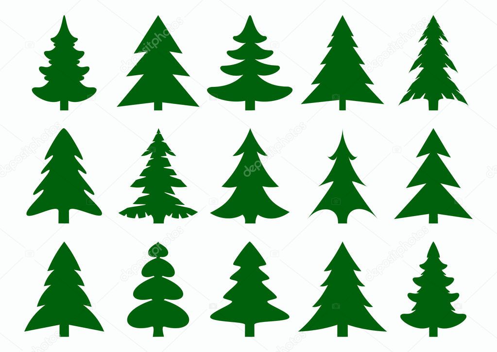 Set of green fir-tree and pines silhouettes isolated on white background. New Year, Christmas tree modern icons.