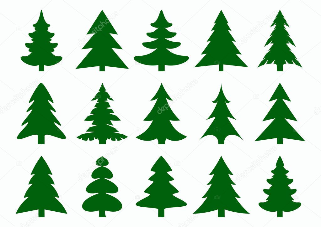 Set of green fir-tree and pines silhouettes isolated on white background. New Year, Christmas tree modern icons. Festive symbols for your design. Large collection of modern icons. Vector illustration