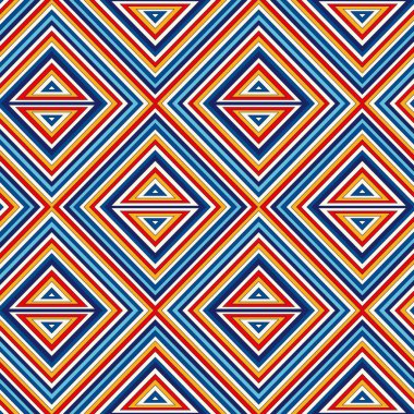 Geometrik süs ile dikişsiz desen. Parlak soyut arka plan. Tekrarlanan üçgenler ve kareler duvar kağıdı.