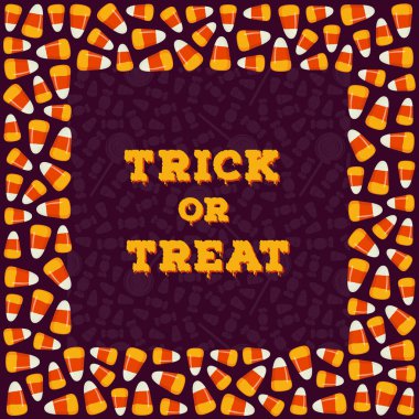 Mutlu Cadılar Bayramı tebrik kartı, poster. Trick veya tedavi kavram arka plan. Geleneksel tatil tatlılar, şeker mısır