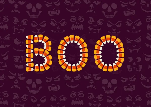 Tarjeta de felicitación de Halloween, póster con murciélagos. Truco de vacaciones o tratar fondo de pantalla. Tipografía Boo hecha de pequeños callos de caramelo — Archivo Imágenes Vectoriales