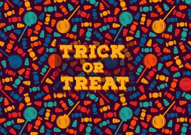 Mutlu Cadılar Bayramı tebrik kartları. Şeker mi şaka mı posteri. Geleneksel bayram tatlıları modeli. Çocuklar için arkaplan şablonu