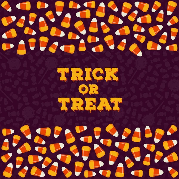 Joyeux Halloween carte de vœux, affiche. Trick or treat concept background. Bonbons de vacances traditionnels, corns de bonbons — Image vectorielle