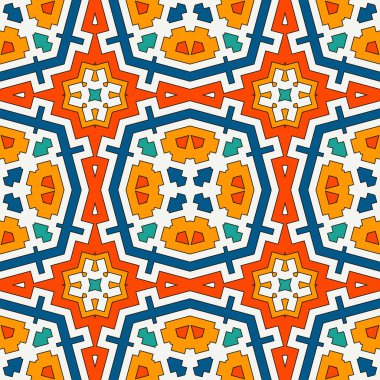 Renkli kaleydoskop soyut arka plan. Eklektik mozaik fayans. Geometrik süslemeli parlak, pürüzsüz yüzey deseni