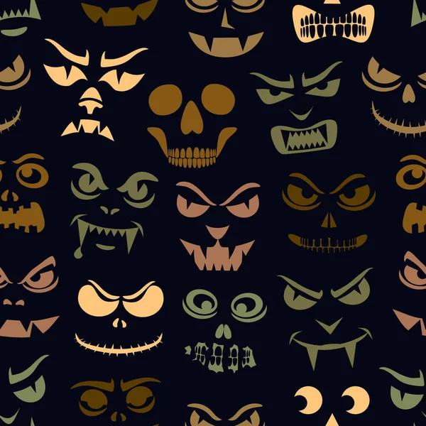 Funny monsters seamless pattern. Halloween holiday character silhouettes background. Vampires, skeletons, demons stencil — Stock Vector